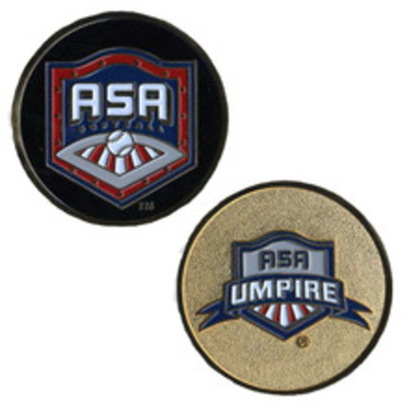ASA Softball Umpire Flipping Coin ASA Shield/Umpire Logo
